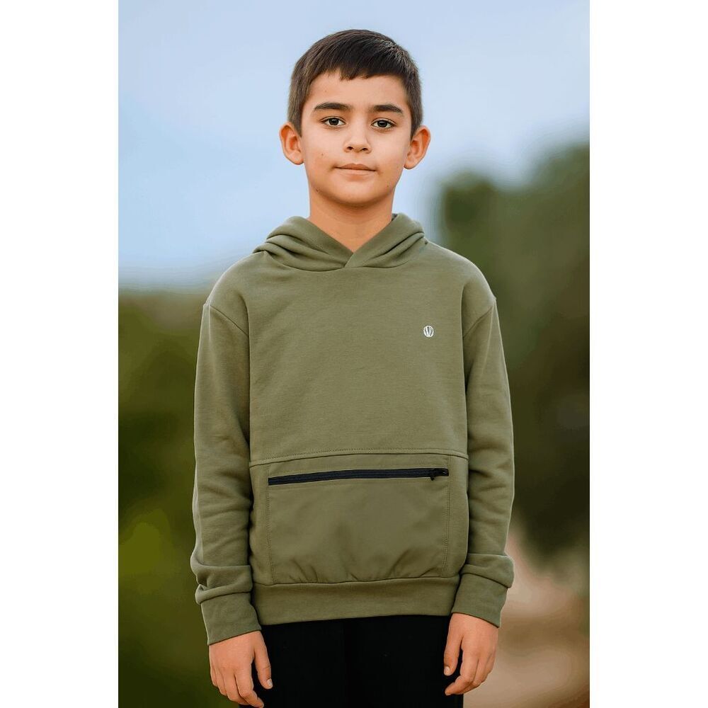 New Balance Boys Olive Green Pullover Hoodie with Zipper Pocket Size M (10–12)